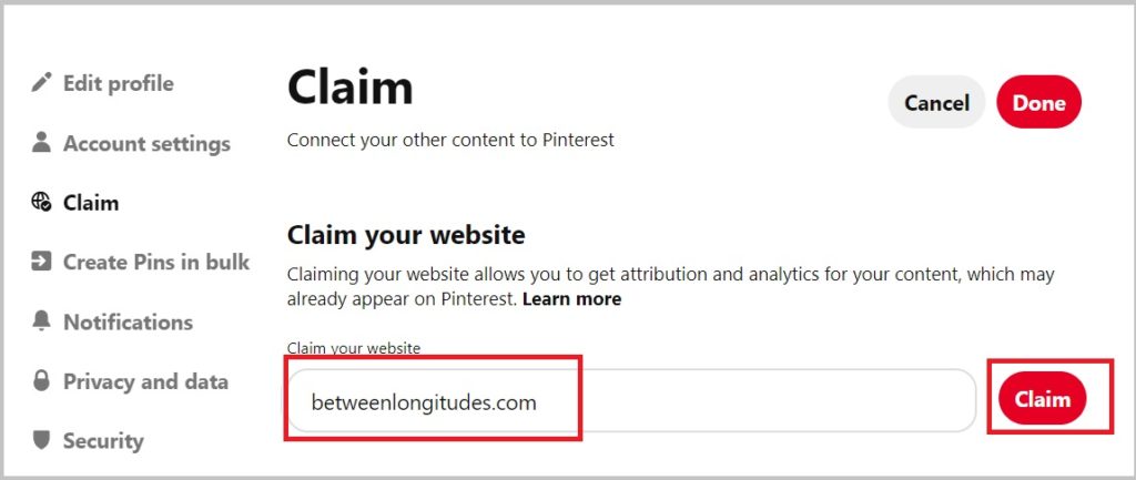 Claim website on Pinterest